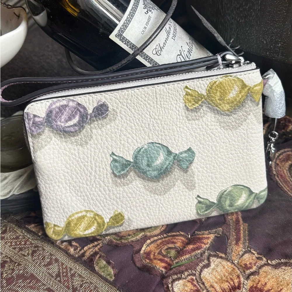 Authentic Coach 3D Candy Print leather zip wristlet w candy charm clip